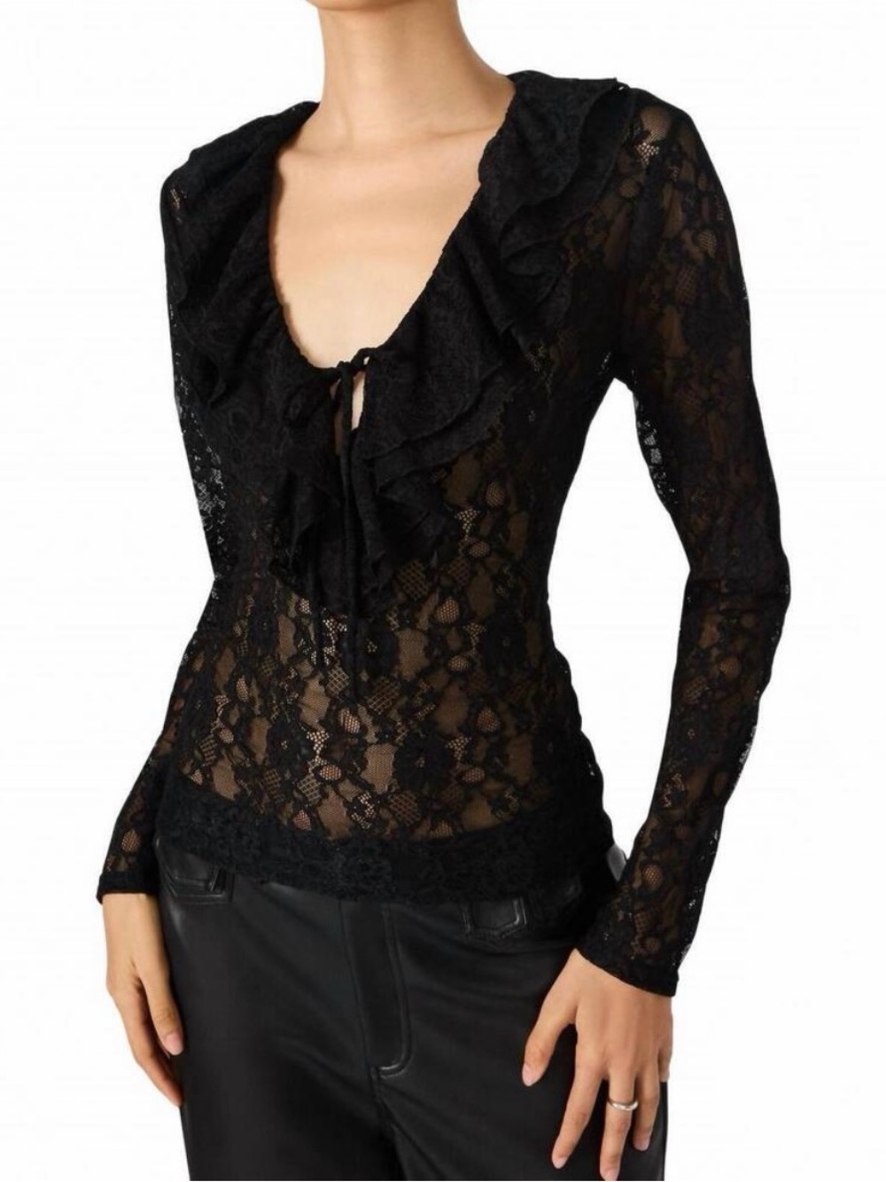 Revolve Elvie Black Sheer Noir Lace Ruffle V-Neck Long Sleeve Top